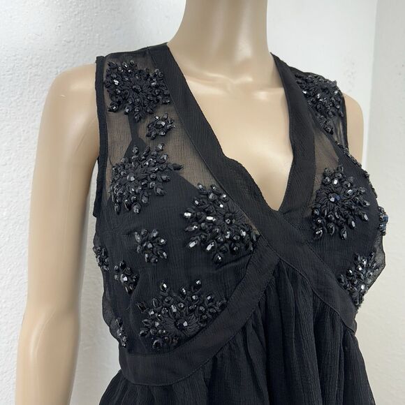 Plenty Tracy Reese Black Chiffon Beaded  babydoll Top Whimsigoth Fairy Y2k Retro - Picture 2 of 10